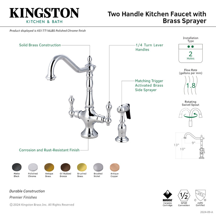 Kingston Heirloom KS1770ALBS - Heritage Two-Handle 2-Hole Kitchen Faucet with Brass Sprayer, Matte Black