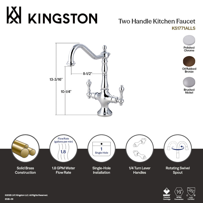Kingston Heirloom KS1771ALLS - Heritage Two-Handle 1-Hole Kitchen Faucet, Polished Chrome
