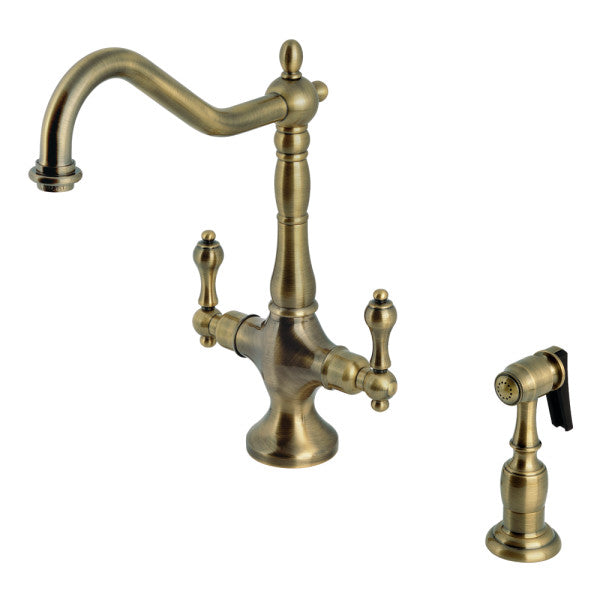Heritage KS1773ALBS Two-Handle 2-Hole Deck Mount Kitchen Faucet with Brass Sprayer, Antique Brass