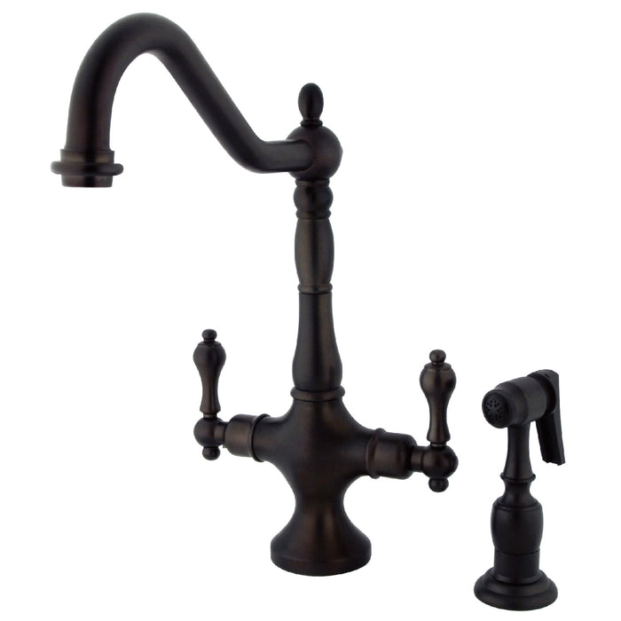 Heritage KS1775ALBS Two-Handle 2-Hole Deck Mount Kitchen Faucet with Brass Sprayer, Oil Rubbed Bronze