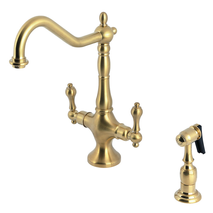 Heritage KS1777ALBS Two-Handle 2-Hole Deck Mount Kitchen Faucet with Brass Sprayer, Brushed Brass