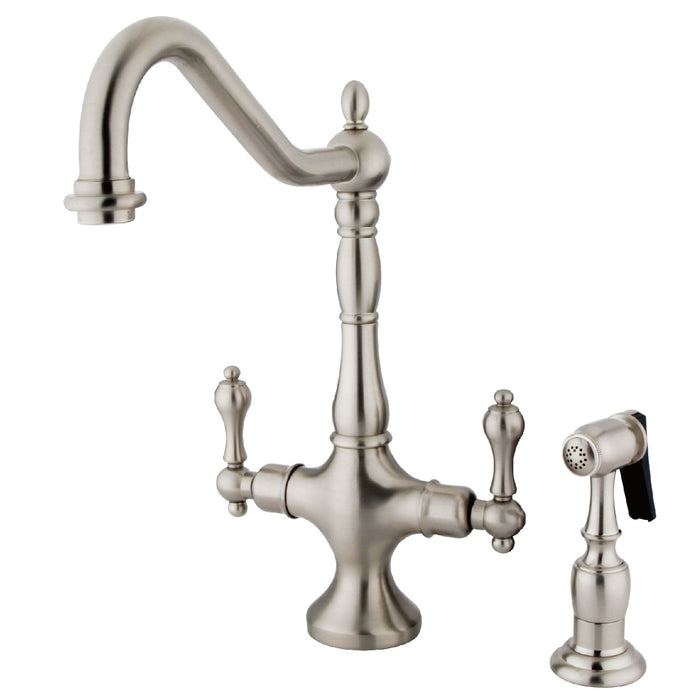 Heritage KS1778ALBS Two-Handle 2-Hole Deck Mount Kitchen Faucet with Brass Sprayer, Brushed Nickel