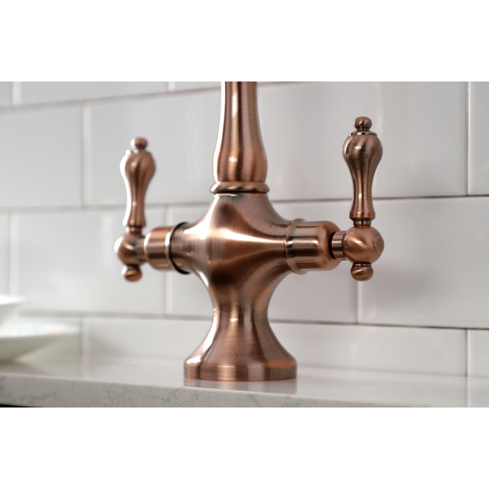 Heritage KS177ALBSAC Two-Handle 2-Hole Kitchen Faucet with Brass Sprayer, Antique Copper