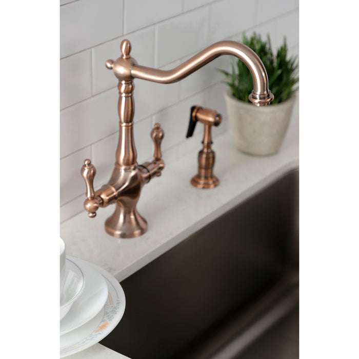 Heritage KS177ALBSAC Two-Handle 2-Hole Deck Mount Kitchen Faucet with Brass Sprayer, Antique Copper