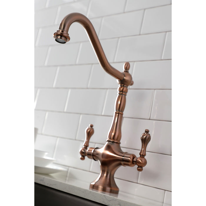 Heritage KS177ALBSAC Two-Handle 2-Hole Deck Mount Kitchen Faucet with Brass Sprayer, Antique Copper