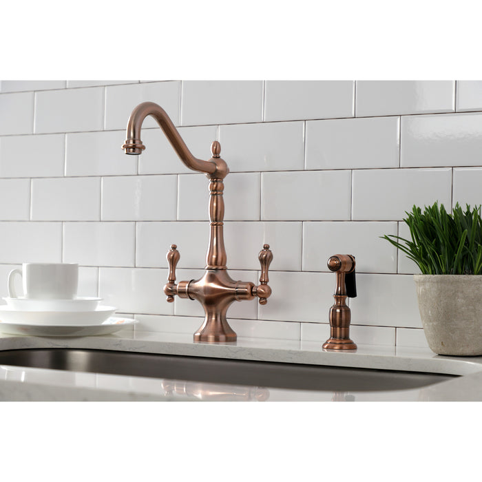 Heritage KS177ALBSAC Two-Handle 2-Hole Kitchen Faucet with Brass Sprayer, Antique Copper