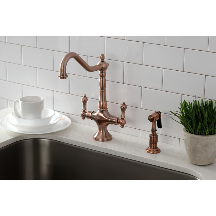Heritage KS177ALBSAC Two-Handle 2-Hole Kitchen Faucet with Brass Sprayer, Antique Copper