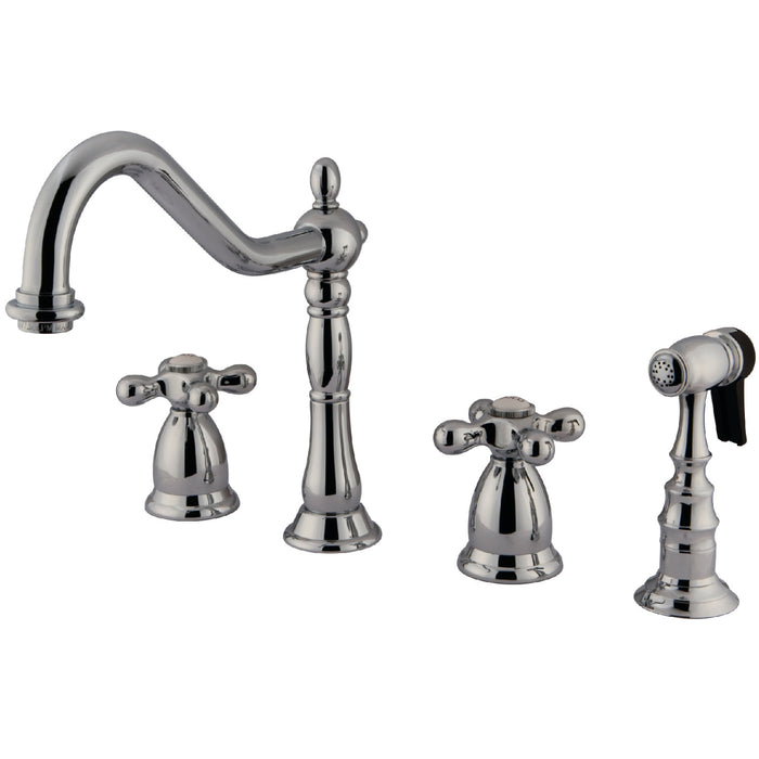 Kingston Heirloom KS1791AXBS - Heritage Double-Handle 4-Hole Widespread Kitchen Faucet with Brass Sprayer, Polished Chrome