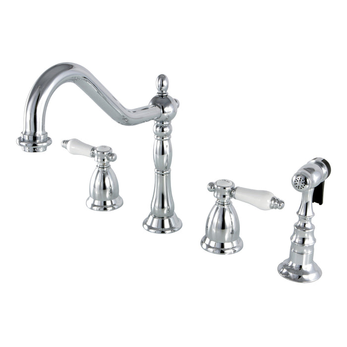 Kingston Heirloom KS1791BPLBS - Bel-Air Double-Handle 4-Hole Widespread Kitchen Faucet with Brass Sprayer, Polished Chrome