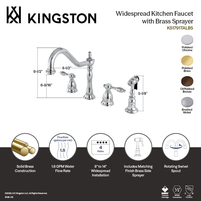 Kingston Heirloom KS1791TALBS - Tudor Double-Handle 4-Hole Widespread Kitchen Faucet with Brass Sprayer, Polished Chrome