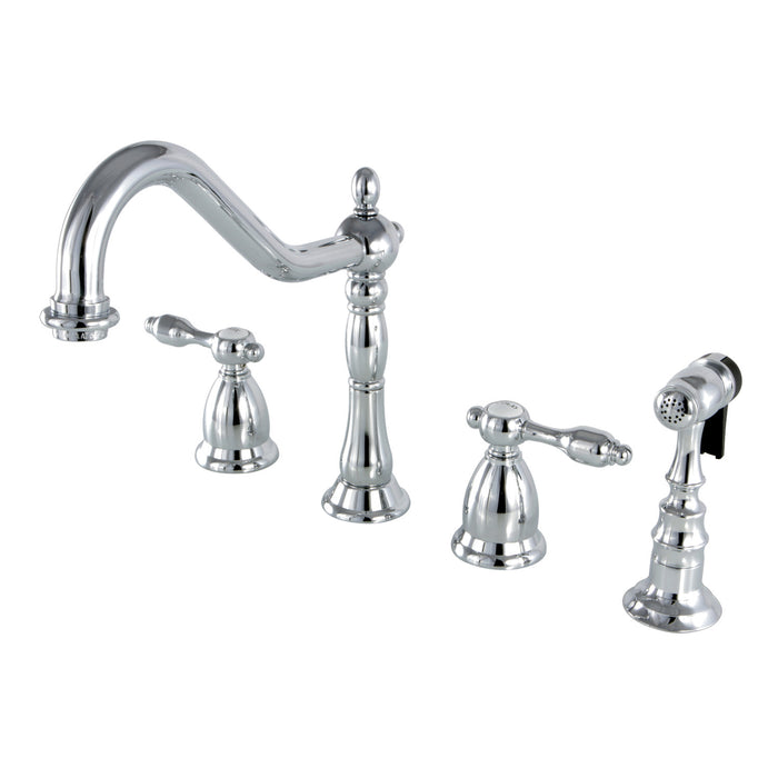 Kingston Heirloom KS1791TALBS - Tudor Double-Handle 4-Hole Widespread Kitchen Faucet with Brass Sprayer, Polished Chrome