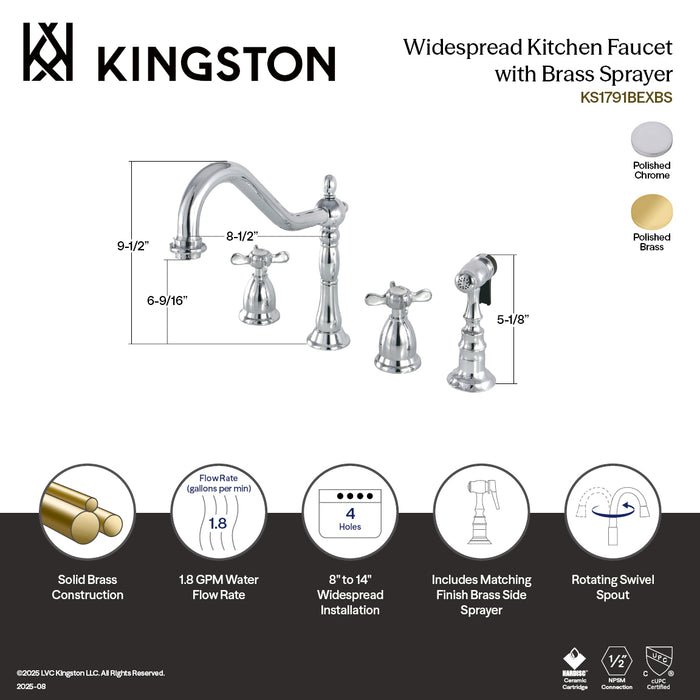 Kingston Heirloom KS1792BEXBS - Essex Double-Handle 4-Hole Widespread Kitchen Faucet with Brass Sprayer, Polished Brass
