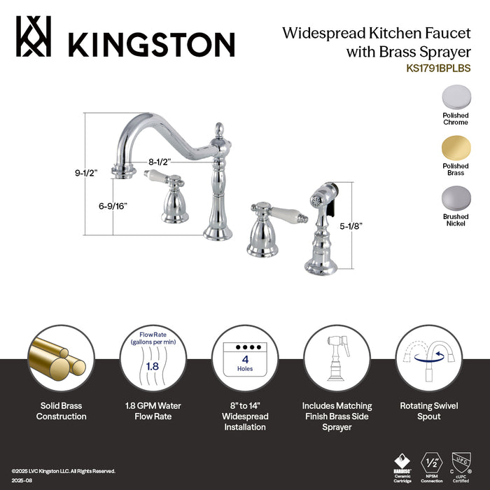 Kingston Heirloom KS1792BPLBS - Bel-Air Double-Handle 4-Hole Widespread Kitchen Faucet with Brass Sprayer, Polished Brass