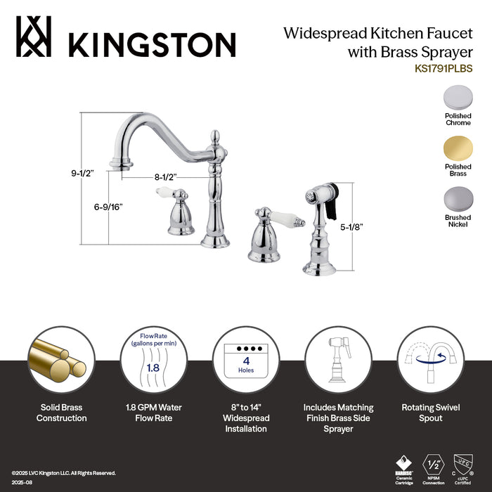 Kingston Heirloom KS1792PLBS - Heritage Double-Handle 4-Hole Widespread Kitchen Faucet with Brass Sprayer, Polished Brass