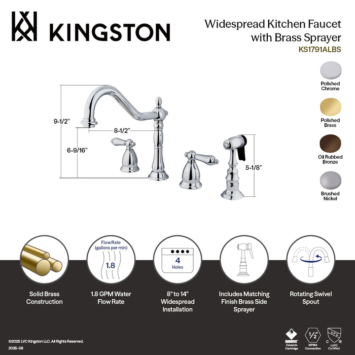 Kingston Heirloom KS1795ALBS - Heritage Double-Handle 4-Hole Widespread Kitchen Faucet with Brass Sprayer, Oil Rubbed Bronze