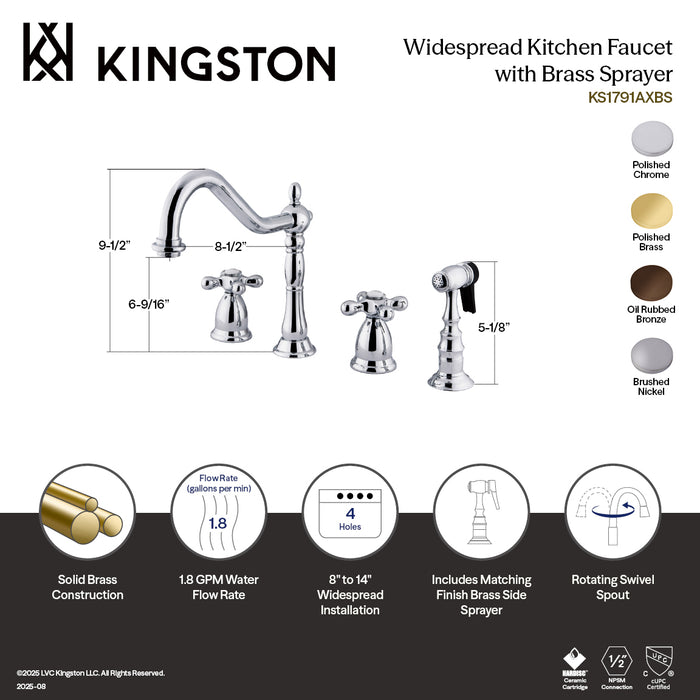 Kingston Heirloom KS1795AXBS - Heritage Double-Handle 4-Hole Widespread Kitchen Faucet with Brass Sprayer, Oil Rubbed Bronze