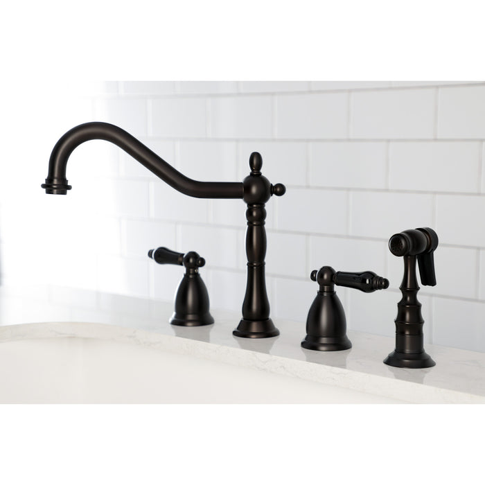 Kingston Heirloom KS1795PKLBS - Duchess Double-Handle 4-Hole Widespread Kitchen Faucet with Brass Sprayer, Oil Rubbed Bronze