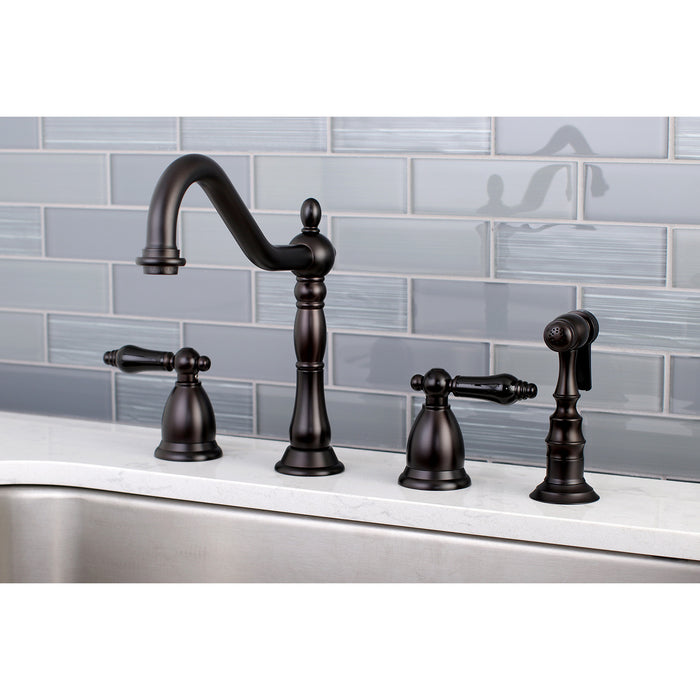 Kingston Heirloom KS1795PKLBS - Duchess Double-Handle 4-Hole Widespread Kitchen Faucet with Brass Sprayer, Oil Rubbed Bronze