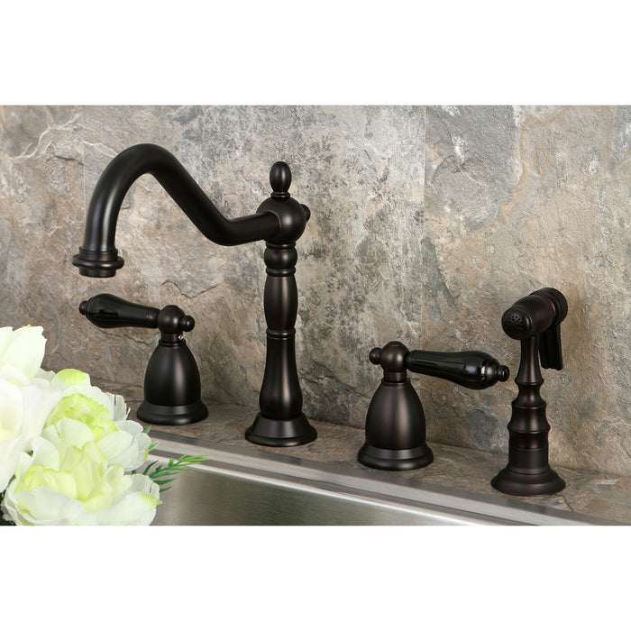 Kingston Heirloom KS1795PKLBS - Duchess Double-Handle 4-Hole Widespread Kitchen Faucet with Brass Sprayer, Oil Rubbed Bronze