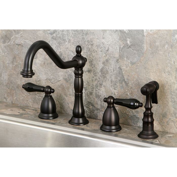 Kingston Heirloom KS1795PKLBS - Duchess Double-Handle 4-Hole Widespread Kitchen Faucet with Brass Sprayer, Oil Rubbed Bronze
