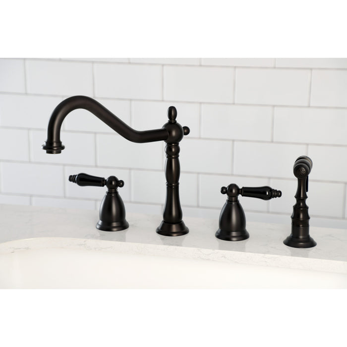 Kingston Heirloom KS1795PKLBS - Duchess Double-Handle 4-Hole Widespread Kitchen Faucet with Brass Sprayer, Oil Rubbed Bronze