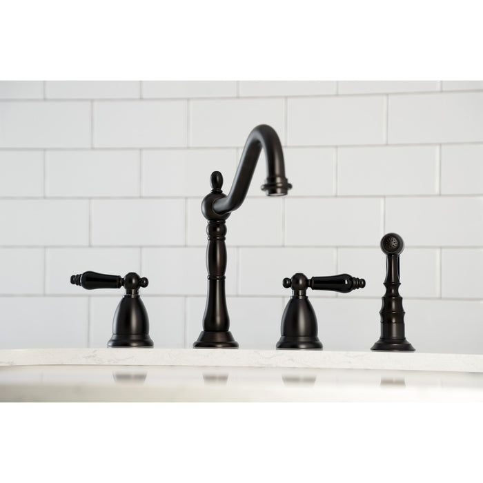 Kingston Heirloom KS1795PKLBS - Duchess Double-Handle 4-Hole Widespread Kitchen Faucet with Brass Sprayer, Oil Rubbed Bronze