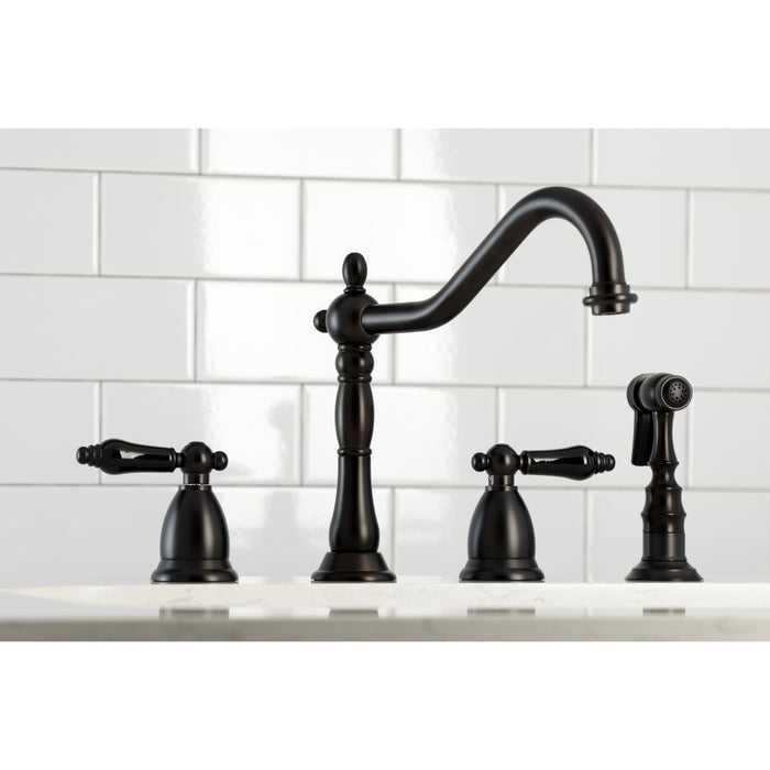Kingston Heirloom KS1795PKLBS - Duchess Double-Handle 4-Hole Widespread Kitchen Faucet with Brass Sprayer, Oil Rubbed Bronze
