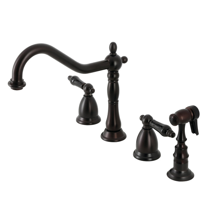 Kingston Heirloom KS1795PKLBS - Duchess Double-Handle 4-Hole Widespread Kitchen Faucet with Brass Sprayer, Oil Rubbed Bronze
