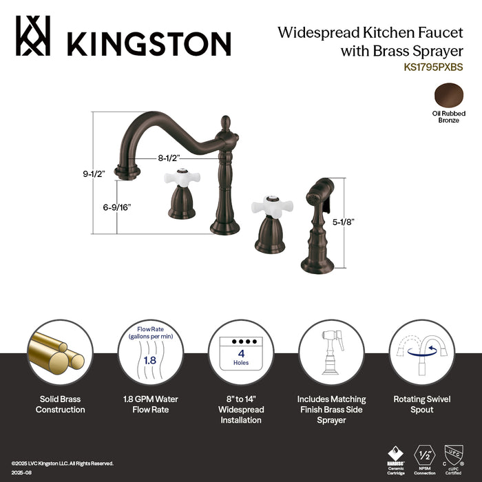 Kingston Heirloom KS1795PXBS - Heritage Double-Handle 4-Hole Widespread Kitchen Faucet with Brass Sprayer, Oil Rubbed Bronze