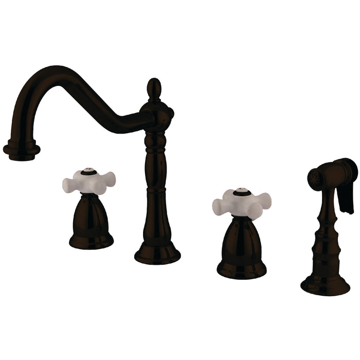 Kingston Heirloom KS1795PXBS - Heritage Double-Handle 4-Hole Widespread Kitchen Faucet with Brass Sprayer, Oil Rubbed Bronze
