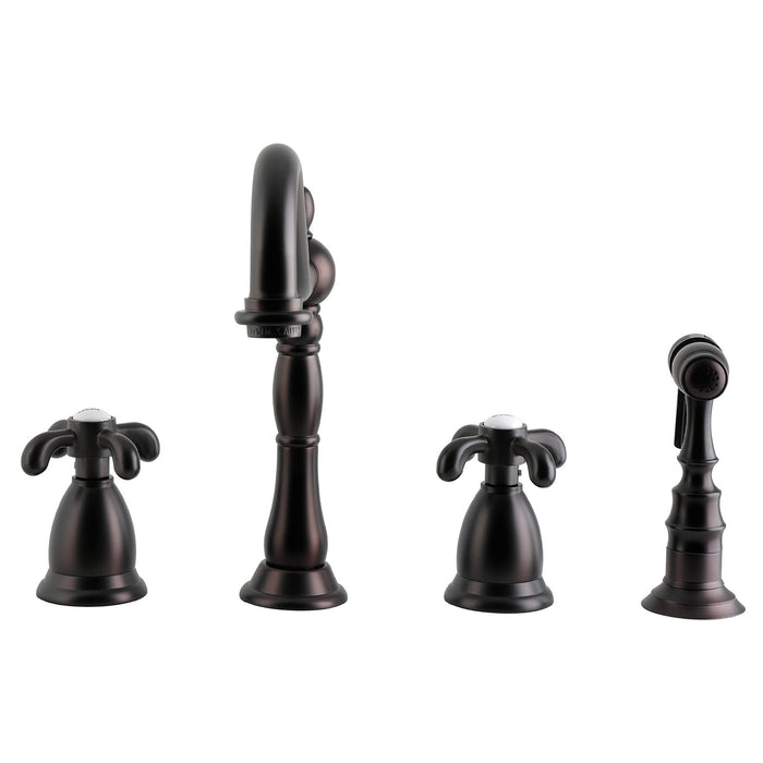 Kingston Heirloom KS1795TXBS - French Country Double-Handle 4-Hole Widespread Kitchen Faucet with Brass Sprayer, Oil Rubbed Bronze