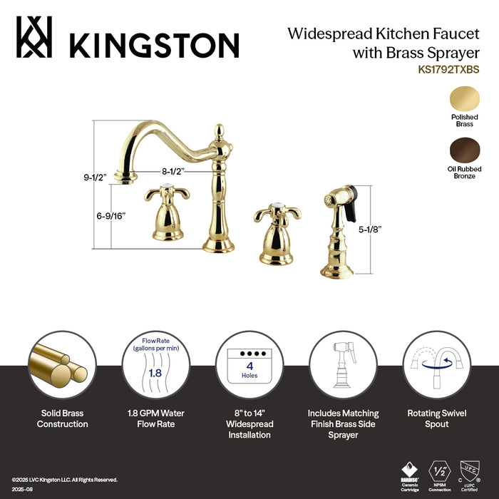 Kingston Heirloom KS1795TXBS - French Country Double-Handle 4-Hole Widespread Kitchen Faucet with Brass Sprayer, Oil Rubbed Bronze