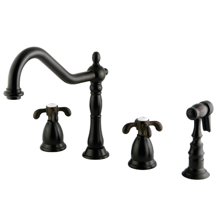 Kingston Heirloom KS1795TXBS - French Country Double-Handle 4-Hole Widespread Kitchen Faucet with Brass Sprayer, Oil Rubbed Bronze