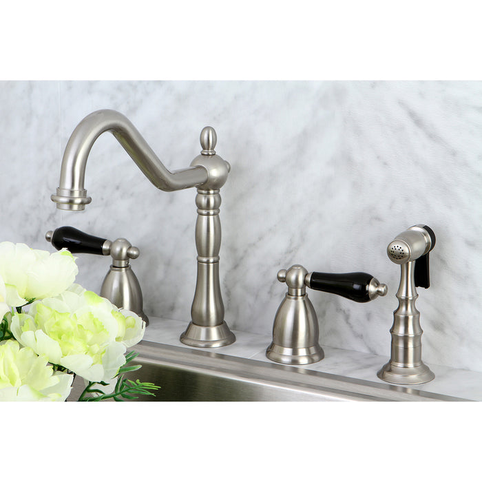 Kingston Heirloom KS1798PKLBS - Duchess Double-Handle 4-Hole Widespread Kitchen Faucet with Brass Sprayer, Brushed Nickel