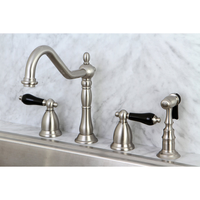 Kingston Heirloom KS1798PKLBS - Duchess Double-Handle 4-Hole Widespread Kitchen Faucet with Brass Sprayer, Brushed Nickel