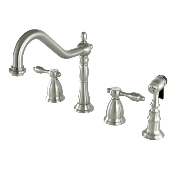 Kingston Heirloom KS1798TALBS - Tudor Double-Handle 4-Hole Widespread Kitchen Faucet with Brass Sprayer, Brushed Nickel
