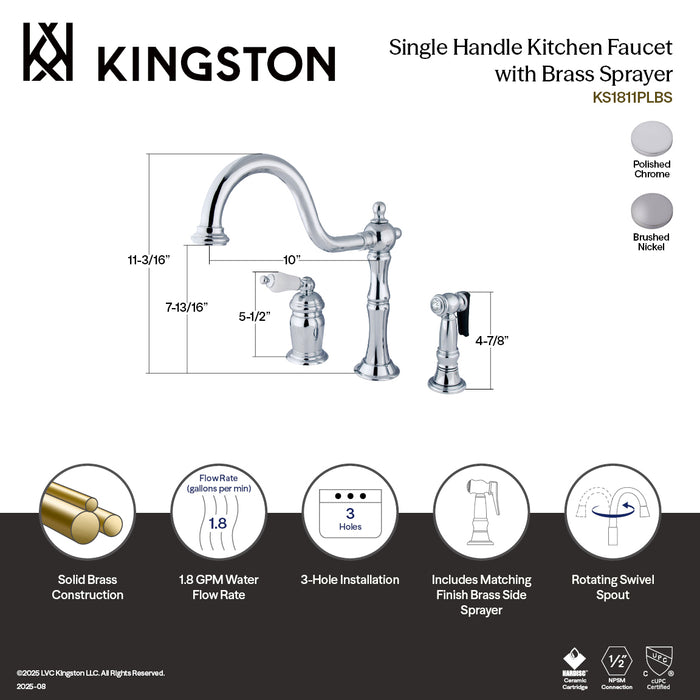 Heritage KS1811PLBS Single-Handle 3-Hole Widespread Kitchen Faucet with Brass Sprayer, Polished Chrome