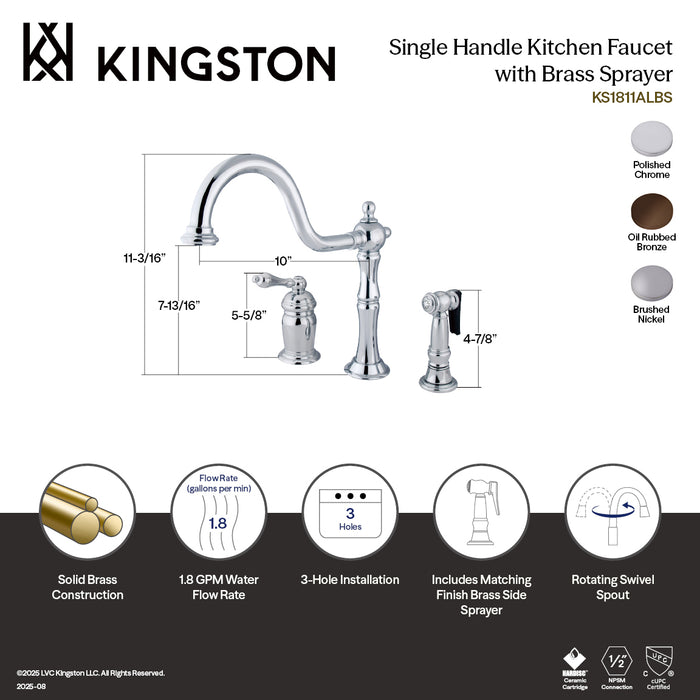 Heritage KS1818ALBS Single-Handle 3-Hole Widespread Kitchen Faucet with Brass Sprayer, Brushed Nickel