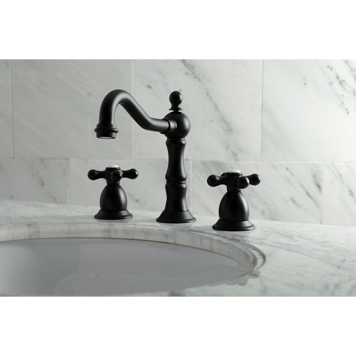 Kingston Heirloom KS1970AX - Heritage Two-Handle 3-Hole Deck Mount Widespread Bathroom Faucet with Brass Pop-Up, Matte Black
