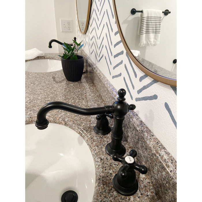 Kingston Heirloom KS1970AX - Heritage Two-Handle 3-Hole Deck Mount Widespread Bathroom Faucet with Brass Pop-Up, Matte Black