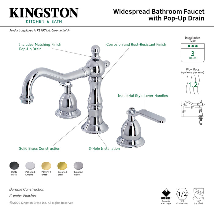Kingston Tulare KS1970KL - Whitaker Two-Handle 3-Hole Deck Mount Widespread Bathroom Faucet with Brass Pop-Up, Matte Black