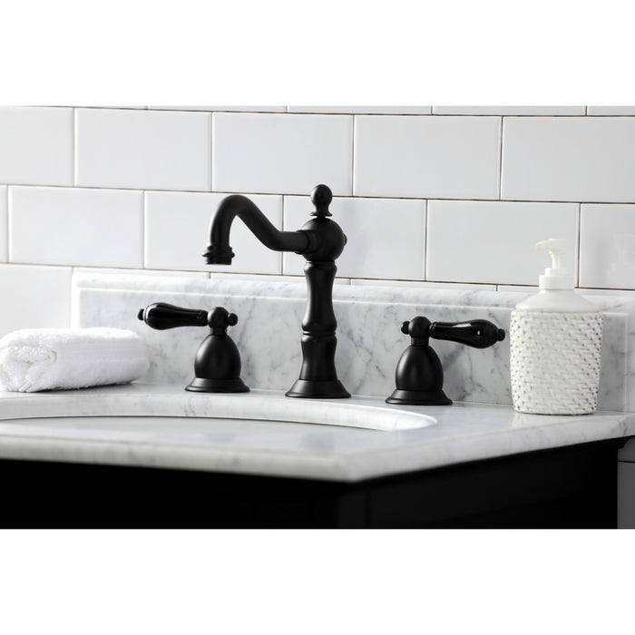 Kingston Heirloom KS1970PKL - Duchess Two-Handle 3-Hole Deck Mount Widespread Bathroom Faucet with Brass Pop-Up, Matte Black