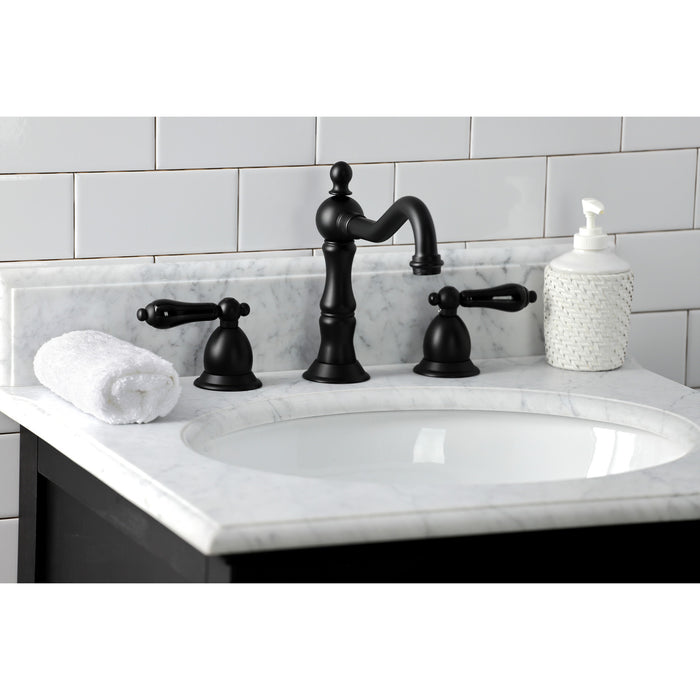Kingston Heirloom KS1970PKL - Duchess Two-Handle 3-Hole Deck Mount Widespread Bathroom Faucet with Brass Pop-Up, Matte Black