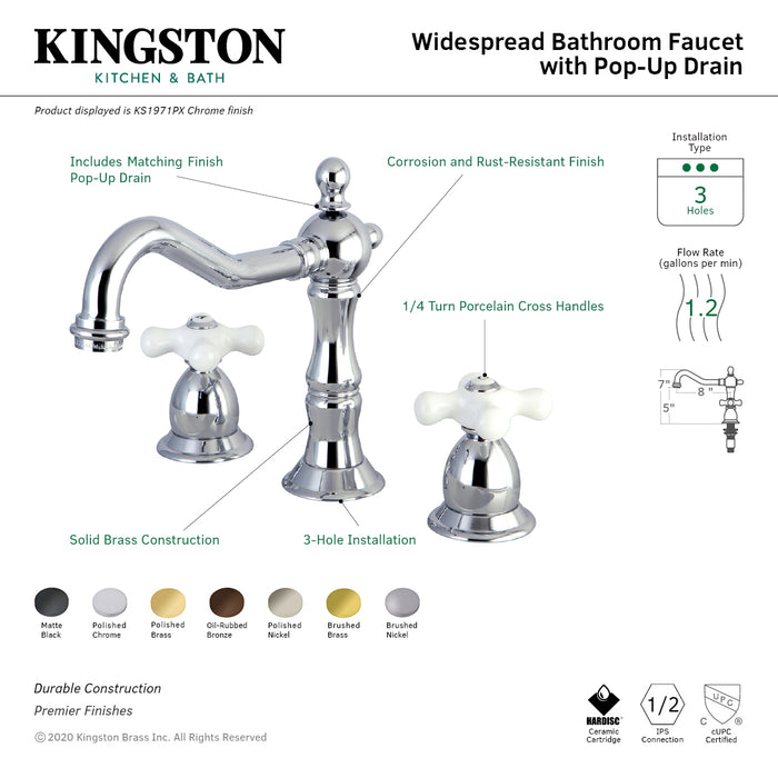 Kingston Heirloom KS1970PX - Heritage Two-Handle 3-Hole Deck Mount Widespread Bathroom Faucet with Brass Pop-Up, Matte Black