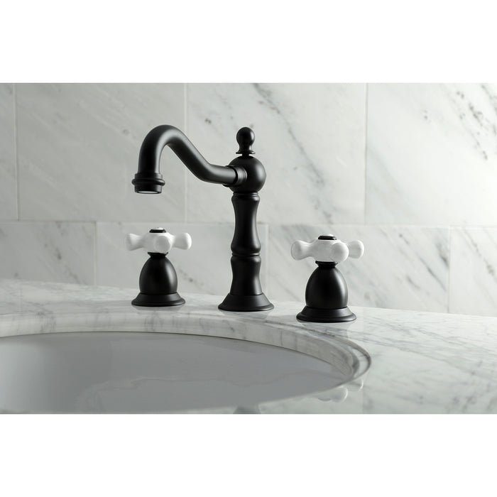 Kingston Heirloom KS1970PX - Heritage Two-Handle 3-Hole Deck Mount Widespread Bathroom Faucet with Brass Pop-Up, Matte Black