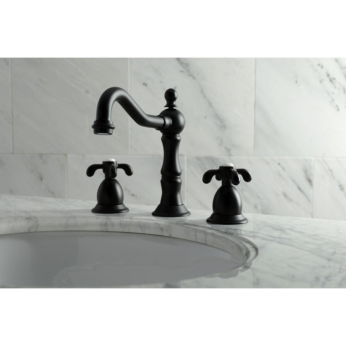 Kingston Heirloom KS1970TX - French Country Two-Handle 3-Hole Deck Mount Widespread Bathroom Faucet with Brass Pop-Up, Matte Black