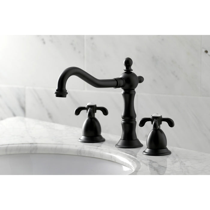 Kingston Heirloom KS1970TX - French Country Two-Handle 3-Hole Deck Mount Widespread Bathroom Faucet with Brass Pop-Up, Matte Black