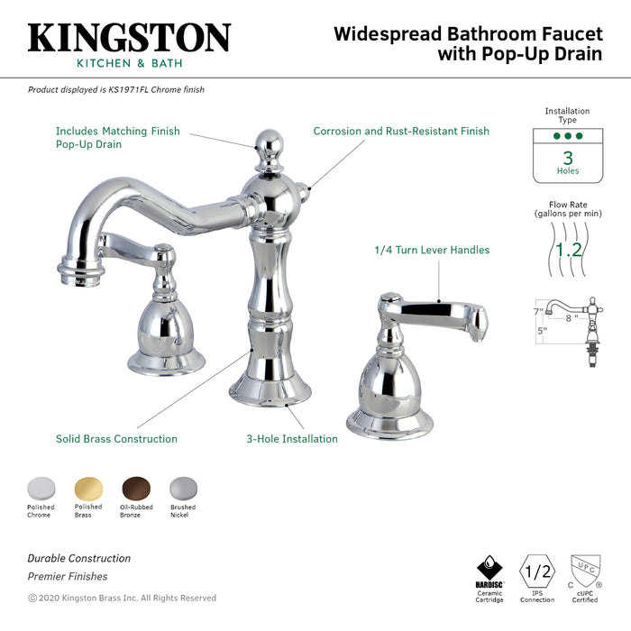 Kingston Heirloom KS1971FL - Heritage Two-Handle 3-Hole Deck Mount Widespread Bathroom Faucet with Brass Pop-Up, Polished Chrome