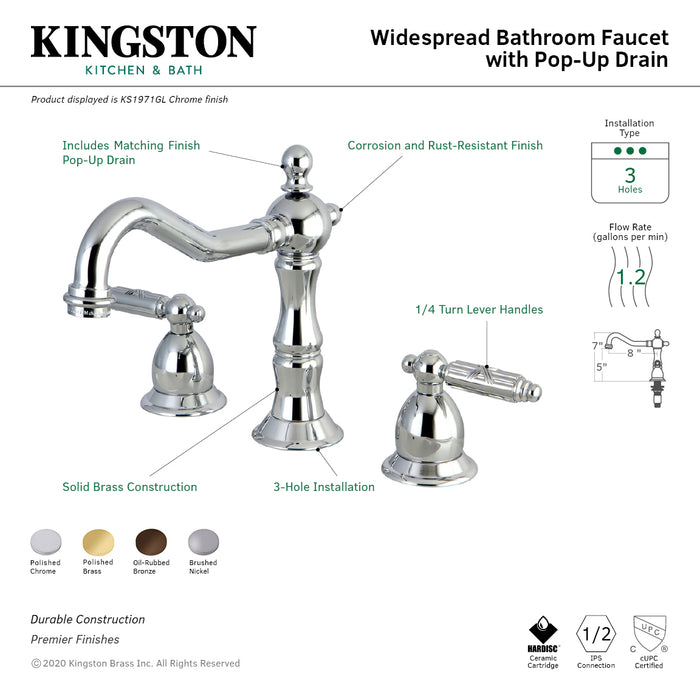 Kingston Heirloom KS1971GL - Heritage Two-Handle 3-Hole Deck Mount Widespread Bathroom Faucet with Brass Pop-Up, Polished Chrome