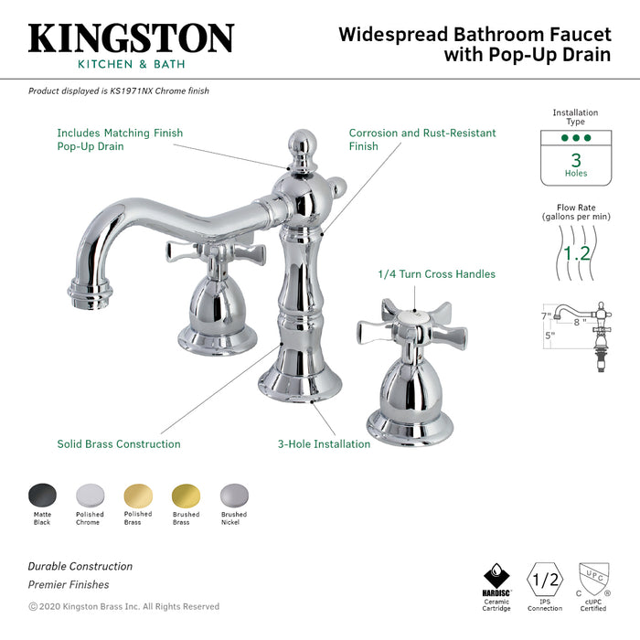 Kingston Heirloom KS1971NX - Hamilton Two-Handle 3-Hole Deck Mount Widespread Bathroom Faucet with Brass Pop-Up, Polished Chrome